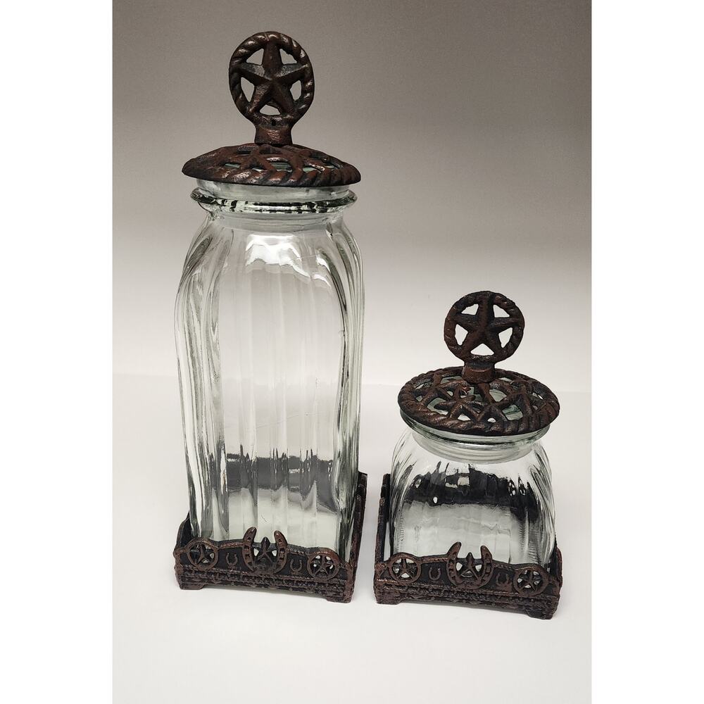 Western Decorative Clear Glass Jar W/Rustic Metal Lid & Metal Stand